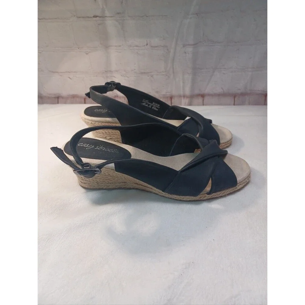 Easy Street Black Espadrille Wedge Slingback Sandals Women's Size 9.5WW